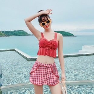 格子可爱少女小清新沙滩温泉泳装 带胸垫韩版 平角裤 泳衣女分体裙式
