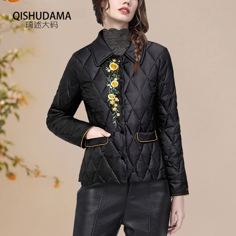 欧洲站重工刺绣短款白鸭绒羽绒服