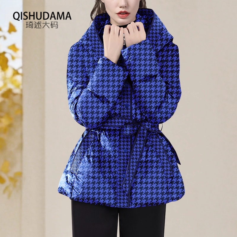 羽绒服女短款连帽外套千鸟格子