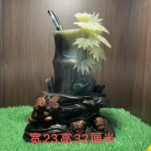 岫玉竹节笔筒摆件天然玉石手工雕刻
