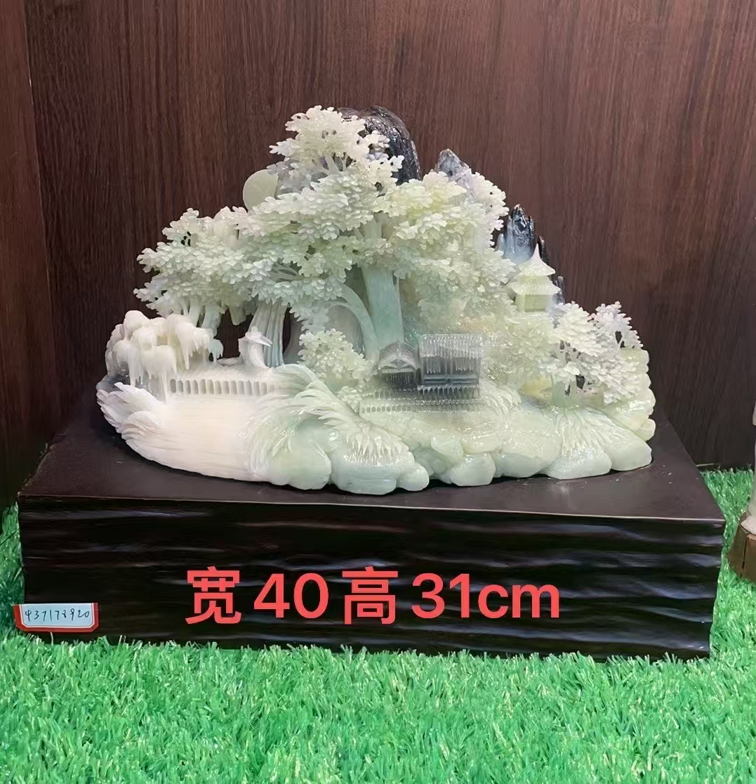 岫玉摆件山水天然玉石手工雕刻俏色巧雕