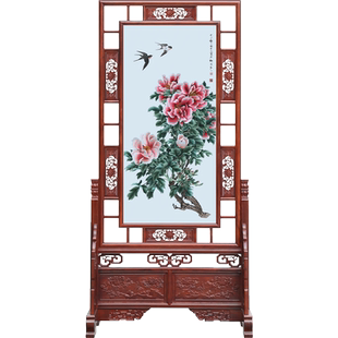 古艺苏绣精品红木屏风牡丹客厅玄关别墅办公室双面绣隔断高端礼品