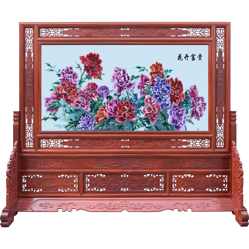 古艺苏绣屏风牡丹花开富贵礼品
