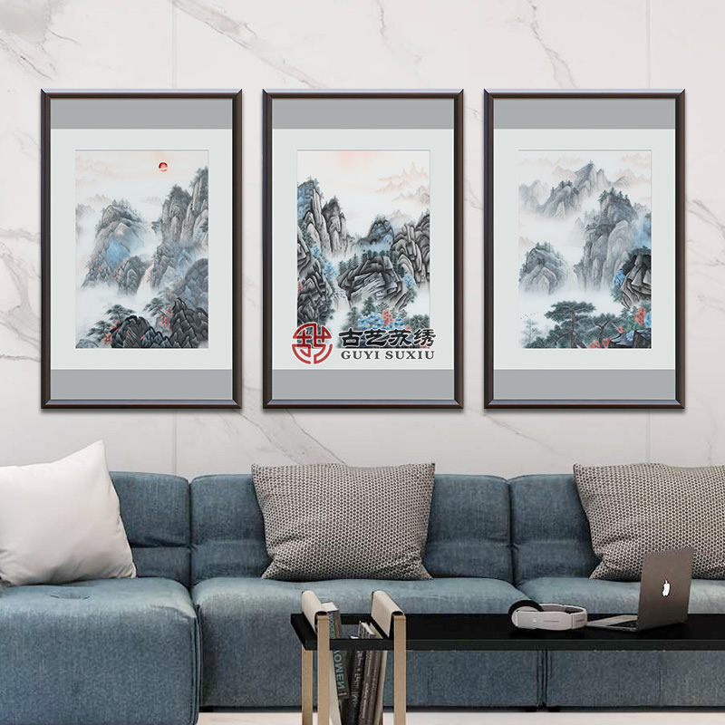 古艺苏绣三条屏山水背有靠山客厅办公室手工刺绣画开业乔迁礼品
