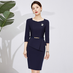 职业装连衣裙女夏七分袖荷叶边气质珠宝店前台美容院售楼部工作服