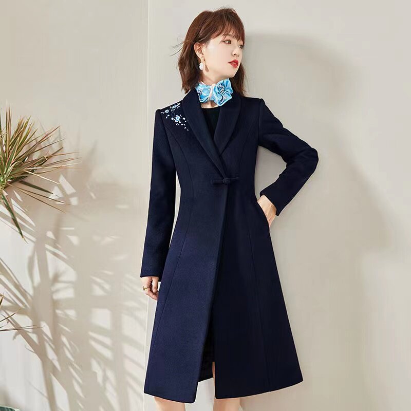 中式职业羊毛大衣气质售楼处工作服中长款女神范国风外套空姐制服