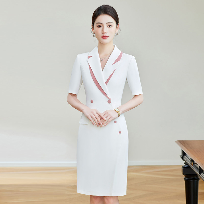 夏季短袖白色西服女职业装高端气质女神范拼接领主持人西装裙正装