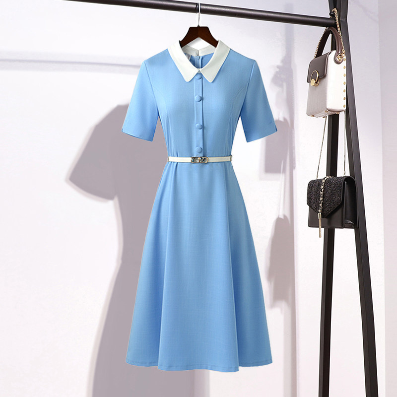 夏装教师学院职业连衣裙幼师服装娃娃领蓝色短袖幼儿园美容工作服