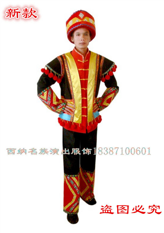 促销精品苗族舞蹈演出 舞台表演少数民族服装服饰黑红金色男裤装