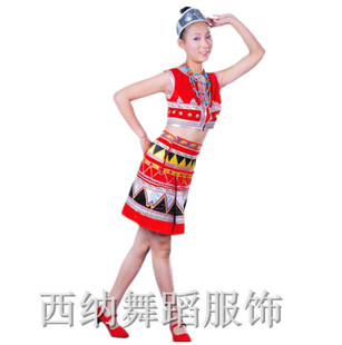 新款精品促销佤族舞蹈演出 舞台表演民族服装红色短裙女套装