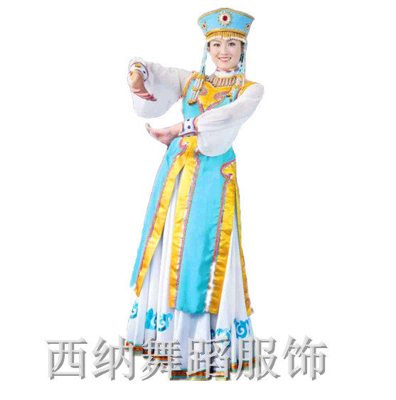 正版促销蒙古族蓝色舞台表演服 舞蹈演出民族服装舞 女装蒙古盛装