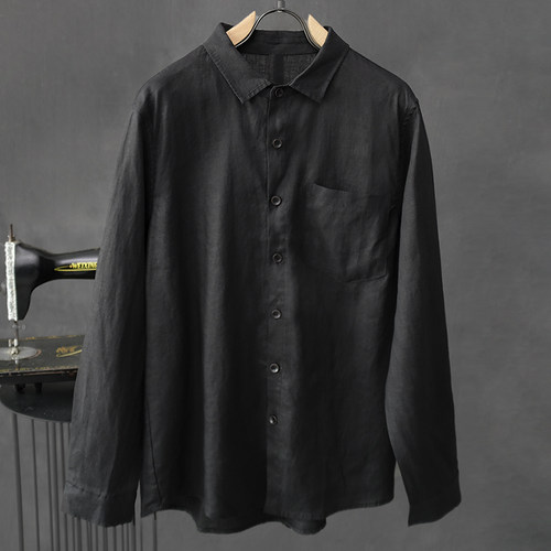 春夏亚麻长袖衬衣透气舒适宽松