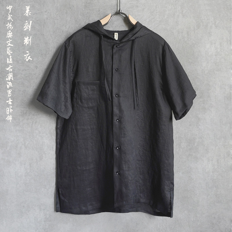 春夏新款亚麻休闲连帽短袖