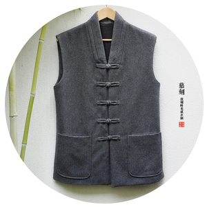 秋冬新款中式原创保暖毛呢马甲复古盘扣背心中国风男装茶服禅服