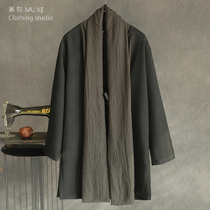 2024春季新款男士休闲棉麻复合绒拼门襟汉服风衣开衫中式复古外套