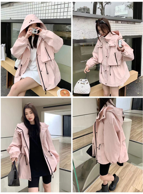 韩版宽松大码女装春季新款百搭连帽拉链收腰风衣外套基础款/50752