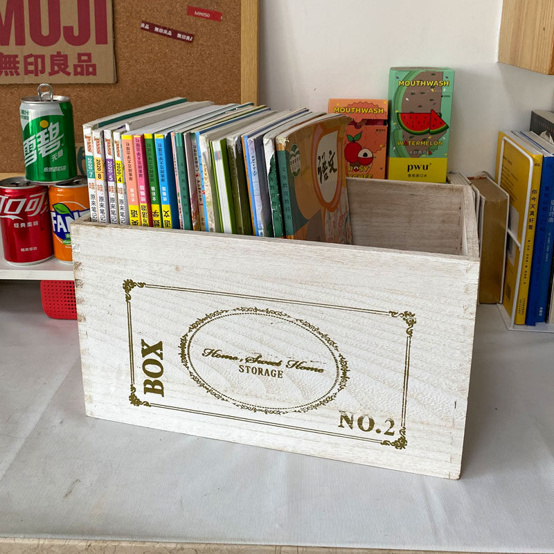 英文实木储物收纳箱大号桌面整理分类装饰木箱杂物儿童玩具箱白色