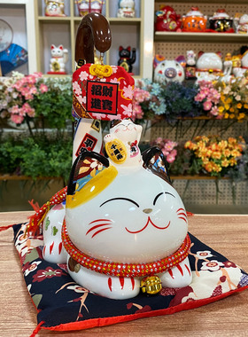 福缘猫平安符长尾猫陶瓷摆件日式店铺收银台装饰客厅招财猫存钱罐