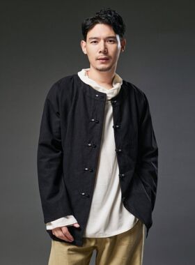 初秋款圆领外套 唐装复古士衬衣外套 盘扣宽松长袖衬衣开衫