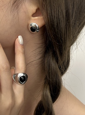 高级感食指银戒指黑玛瑙小众设计