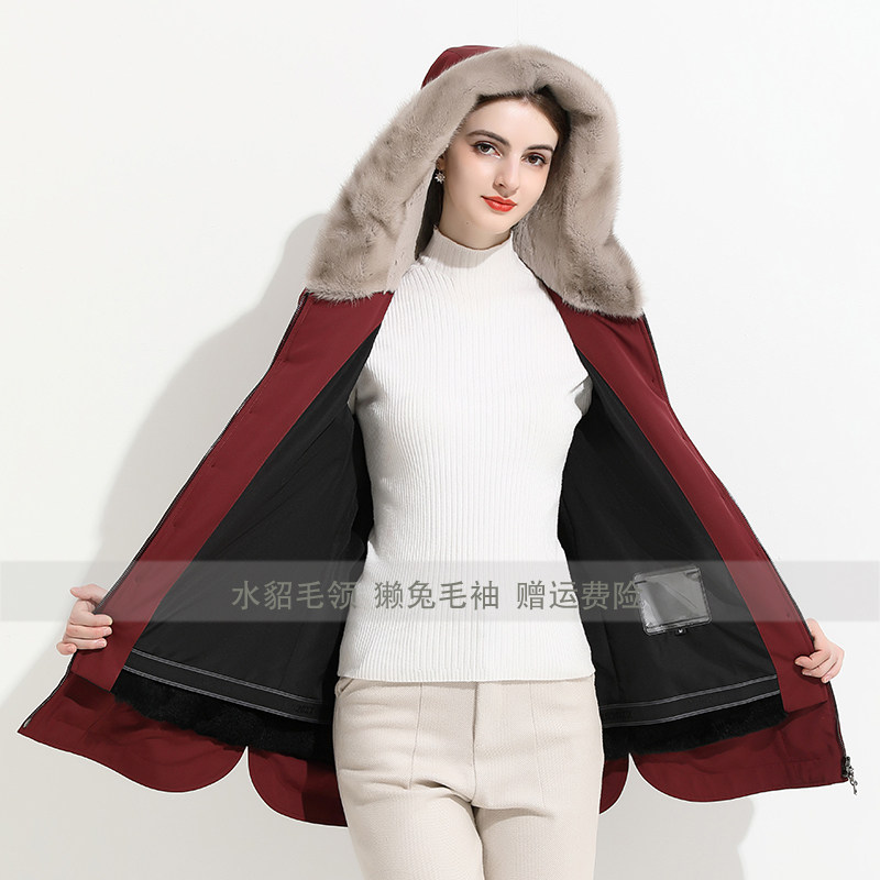 派克服水貂毛领可拆卸獭兔毛内胆连帽加厚皮草外套中长妈妈尼克服