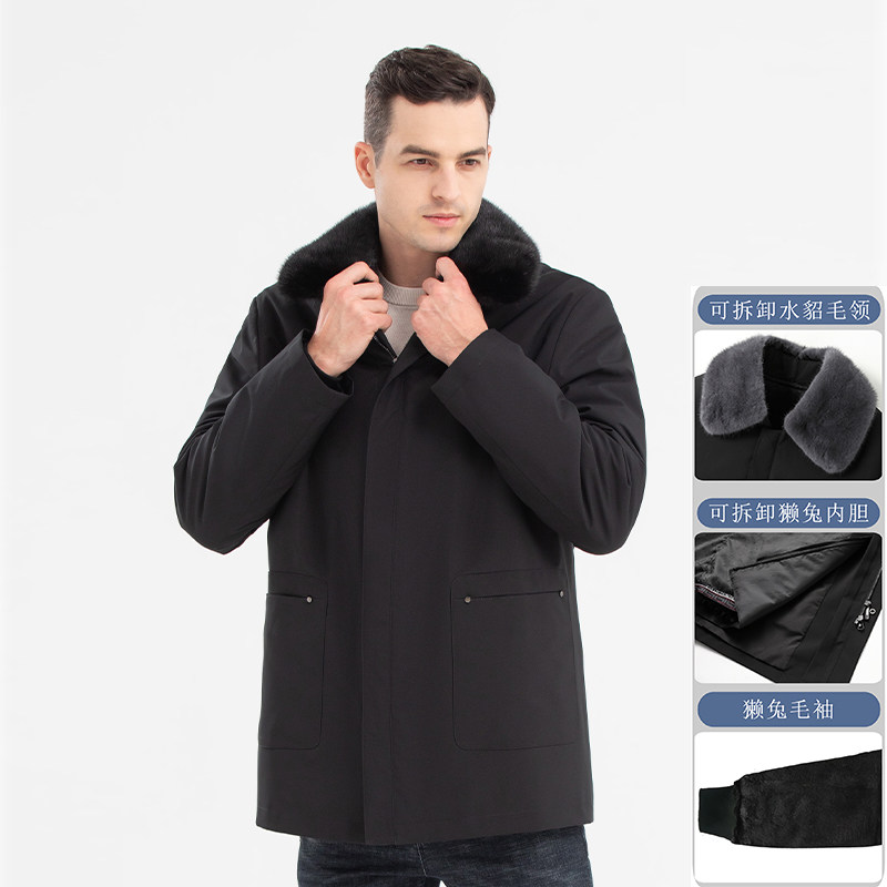 爸爸冬季水貂毛领可拆卸獭兔皮毛一体加绒加厚中老年男士保暖外套