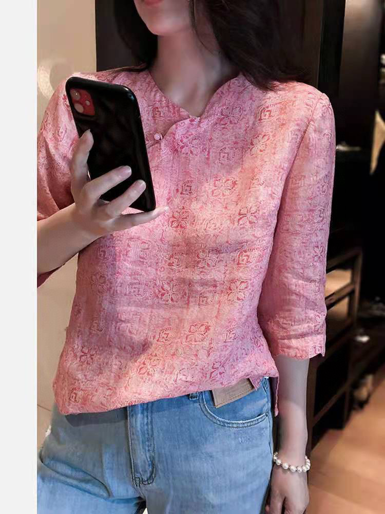 24小时发货中国风质感V领纽扣衬衫