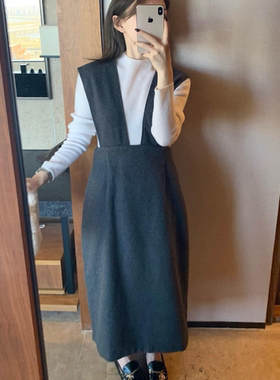 24小时发货实体店简约风格纯色背带裙女毛呢料背心裙含100%羊毛