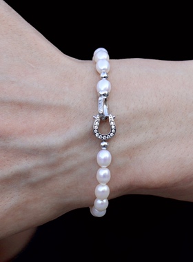 男士女式纯天然淡水珍珠手链手串无暇米珠925纯银扣镶钻高端定做