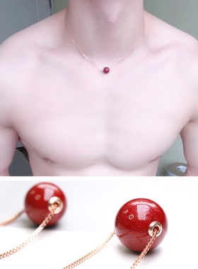 天然朱砂转运珠锁骨项链男士女中性性感纯银极细红色本命年饰品