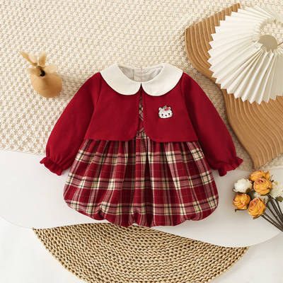 女童公主裙春秋长袖红色周岁服