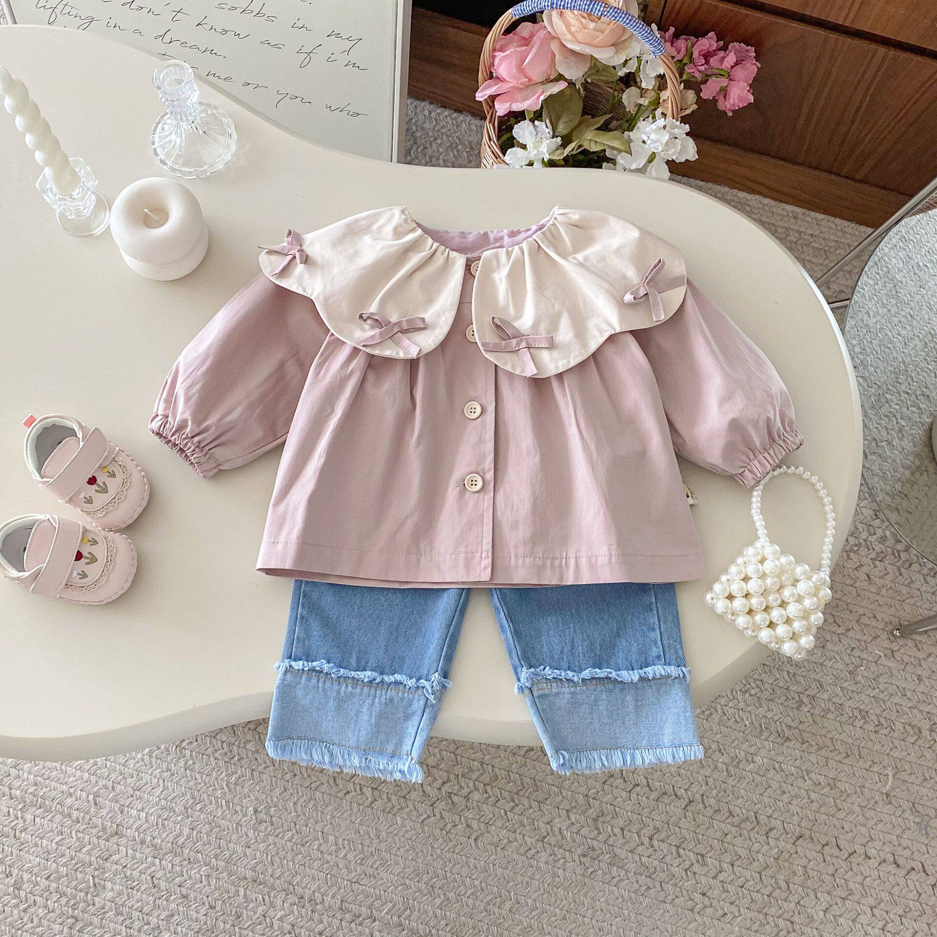 儿童秋装套装洋气韩版翻领外套牛仔裤两件套一岁女宝宝秋天衣服