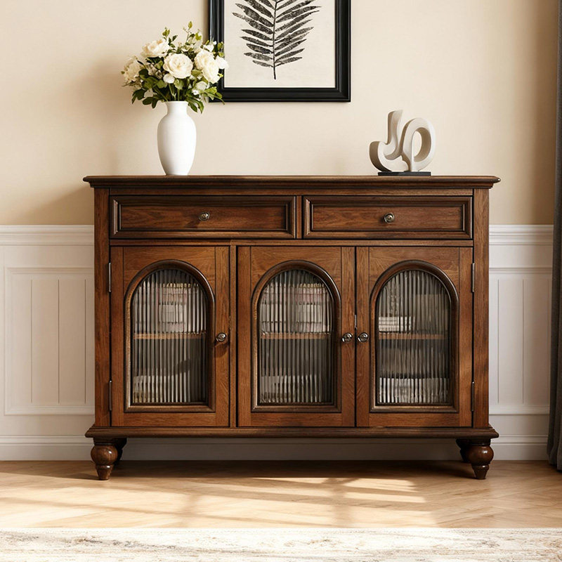 美式纯实木餐边柜复古茶水柜中古风厨房储物柜拱门酒柜靠墙玄关柜