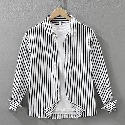 日系清新条纹潮流长袖衬衫男士时尚百搭文艺休闲宽松舒适上衣7626