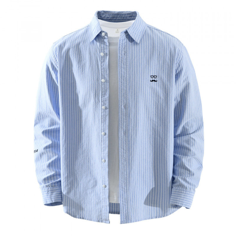 意式雅感精致眼镜胡子刺绣条纹长袖衬衫男春季纯棉牛津纺衬衣7970