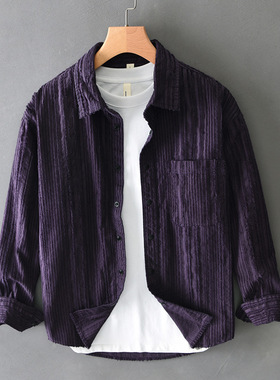 高端全棉紫色粗灯芯绒衬衫男美式复古条绒衬衣厚款长袖外套T731
