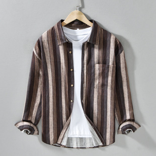 百搭文艺休闲宽松衬衣3335 男士 日系亚麻天丝条纹潮流棉麻长袖 衬衫