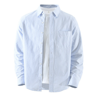 新款 男春季 纯棉商务通勤休闲翻领衬衣7908 衬衫 高端条纹牛津纺长袖