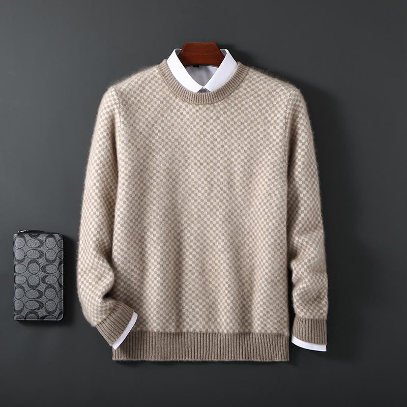 拼色加厚100%纯羊毛衫男圆领菱形格提花毛衣宽松针织羊绒衫上衣