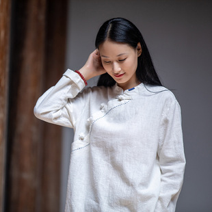 女士手工缝线衬衫 26春棉麻复古立领偏襟中式 盘扣上衣长袖