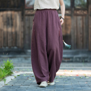 松紧腰复古手工缝线灯笼裤 原创宽松慵懒感休闲裤 新款 2026棉麻女装