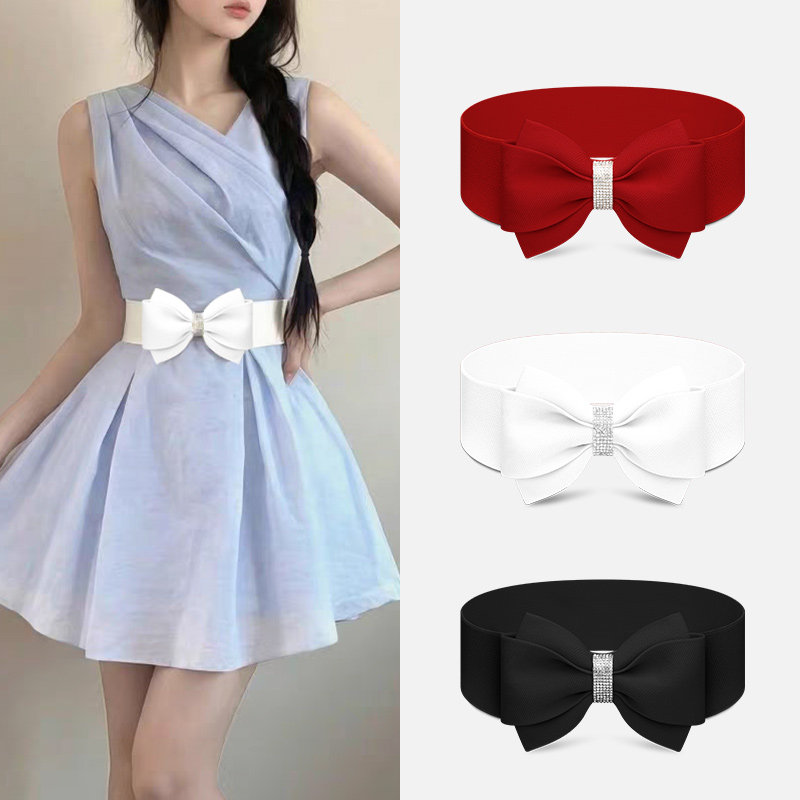 腰封黑色大蝴蝶结皮带连衣裙子白色腰带配饰弹力松紧收腰