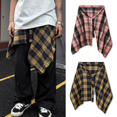男生格子衬衫 子配饰外搭系腰下摆街头嘻哈街舞潮 绑腰屁帘一片式 裤