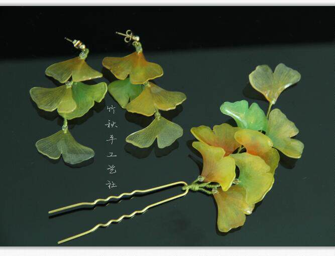 手工热缩树脂渐变银杏叶玉珠发夹发簪 耳环汉服古风日常发饰和风