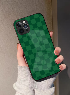 新款ins风iphone16手机壳绿色棋盘格15proMax苹果14格子11女款12高级感XR玻璃78plus适用华为mate60p50小米13