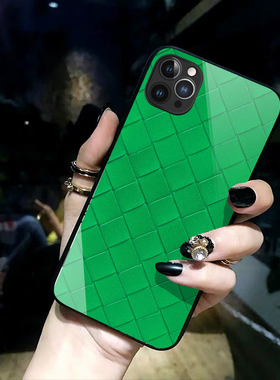 新款时尚iPhone16手机壳绿色编织纹15proMax潮牌苹果14女款12高级感11玻璃XR奢华78plus适用华为mate60/p50