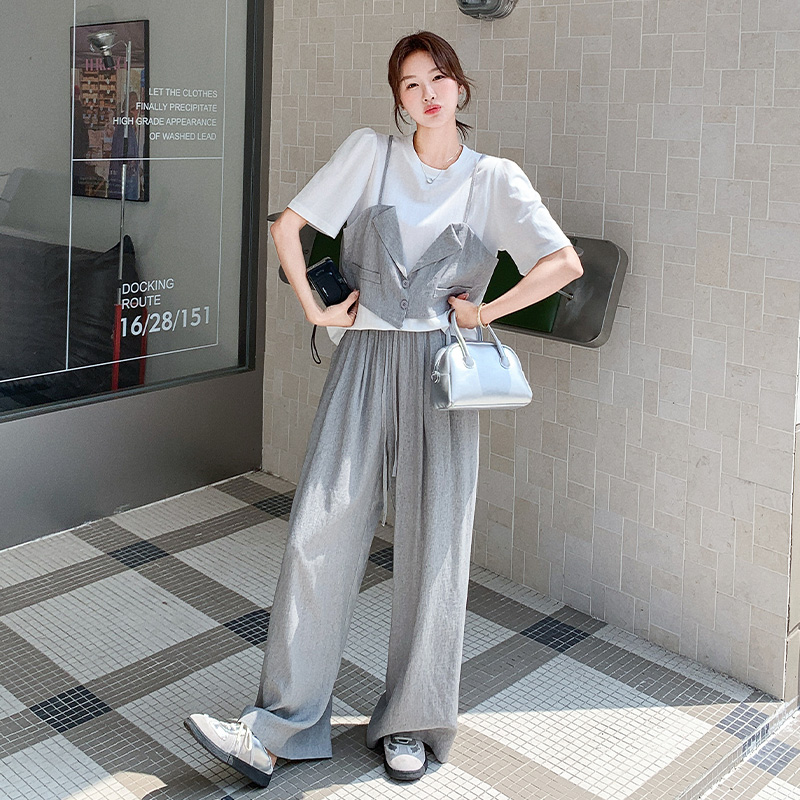 轻奢高级感轻熟风套装女2025夏季新款假两件拼接T恤阔腿裤两件套