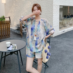 上衣 新款 扎染印花短袖 两件套 阔腿短裤 度假风套装 法式 女2025夏季