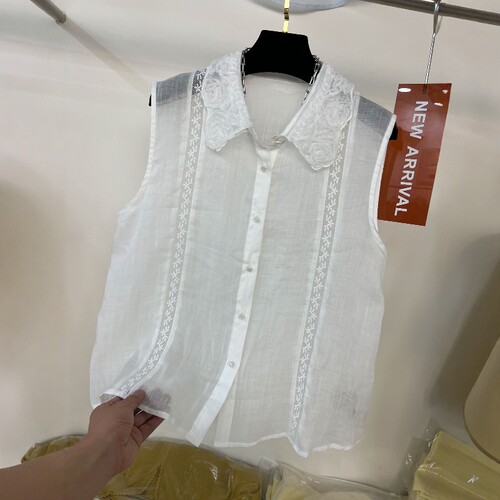 蕾丝花边翻领刺绣苎麻无袖衬衫