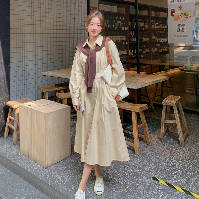 黄色长袖衬衫高级感小个子连衣裙女春2025新款收腰显瘦长款连衣裙